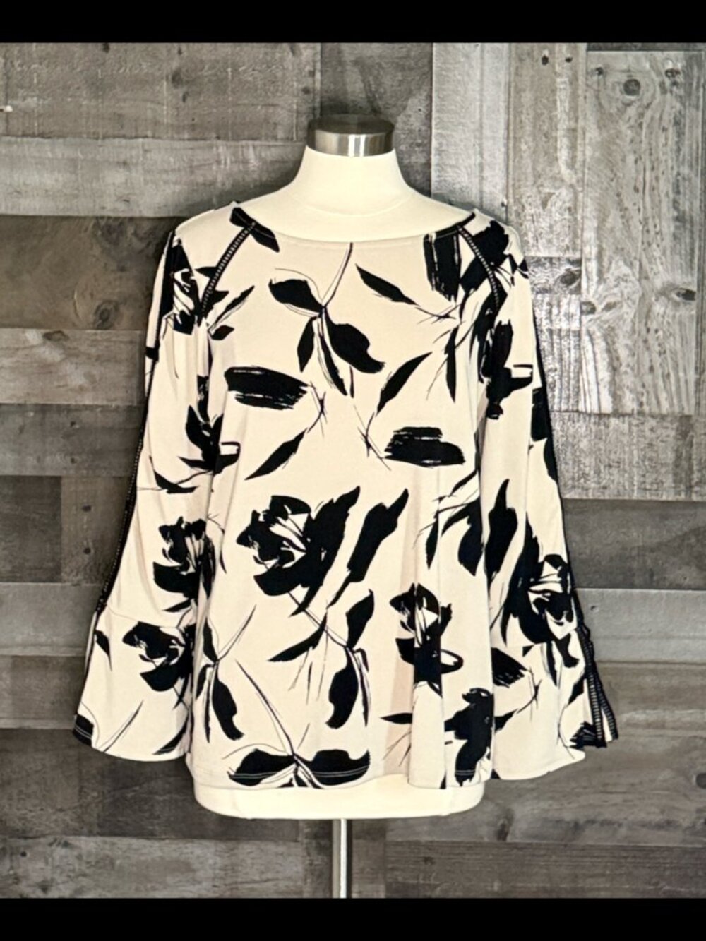 Dennis Basso tan black abstract floral top large dark feminine business causal